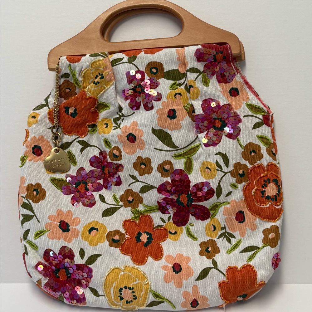 Wooden handled floral embellished handbag